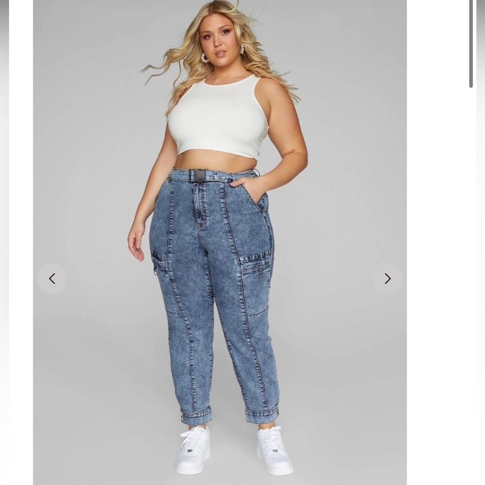 Fashion to Figure high rise belted cargo jeans utility carpenter work wear army - Picture 2 of 15